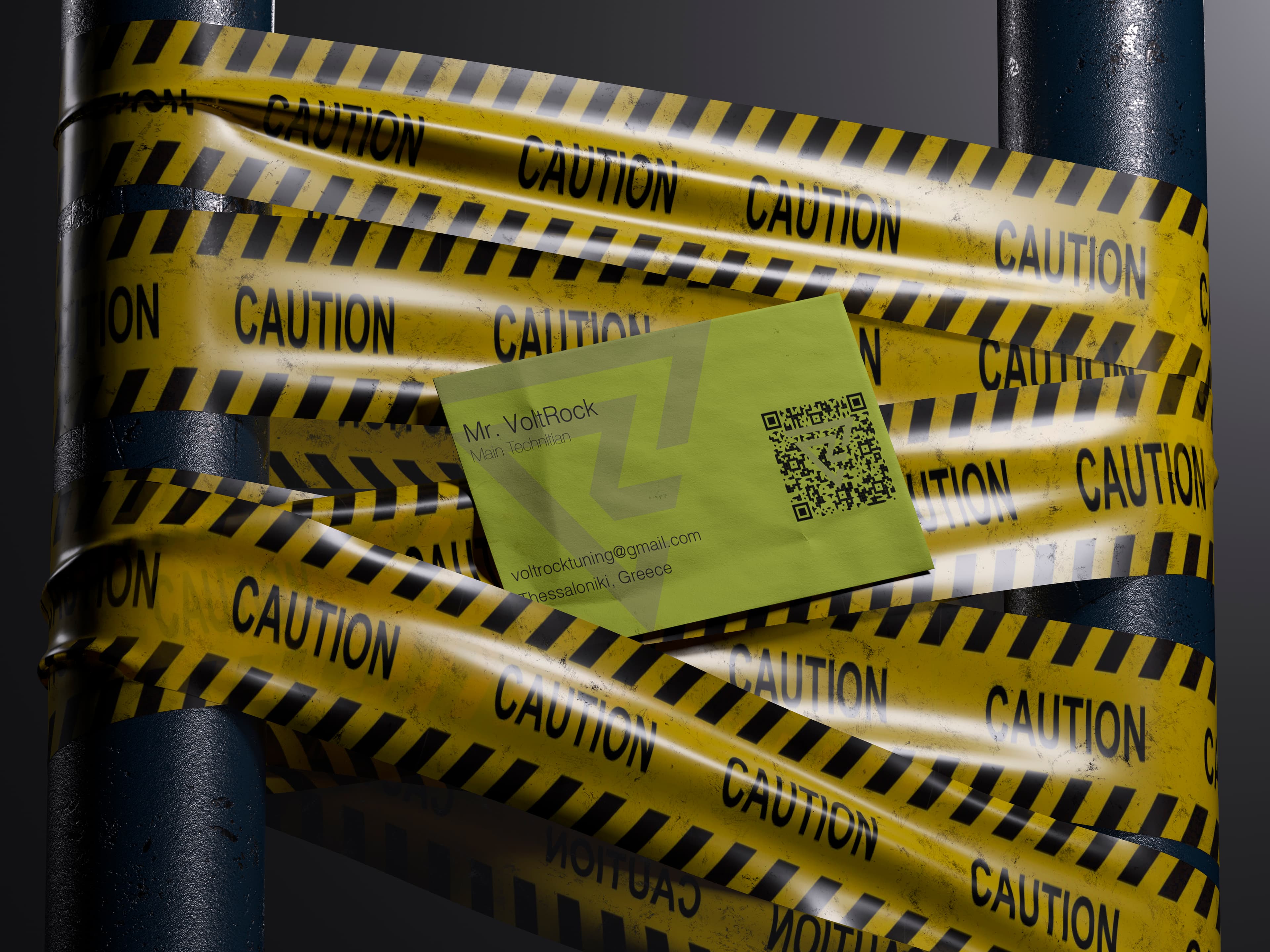 VoltRock business card taped to caution tape